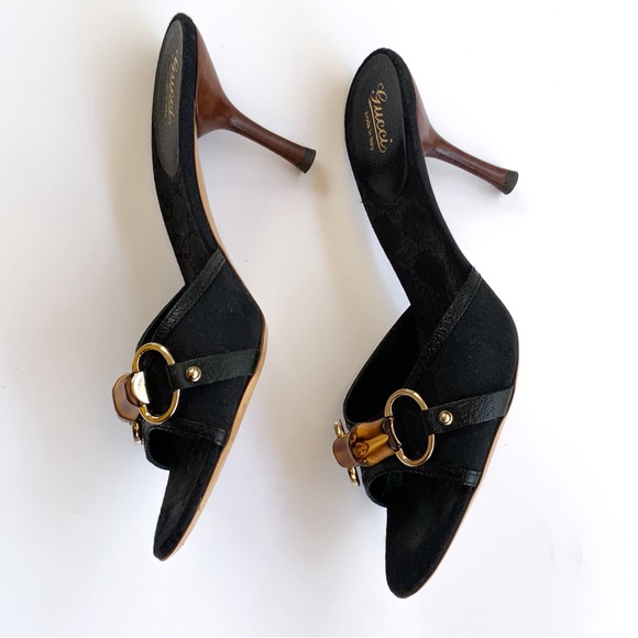 Gucci Women's Black Leather & Bamboo Straw Bit Open Toe Sandal Heel Size 8B - Picture 2 of 11